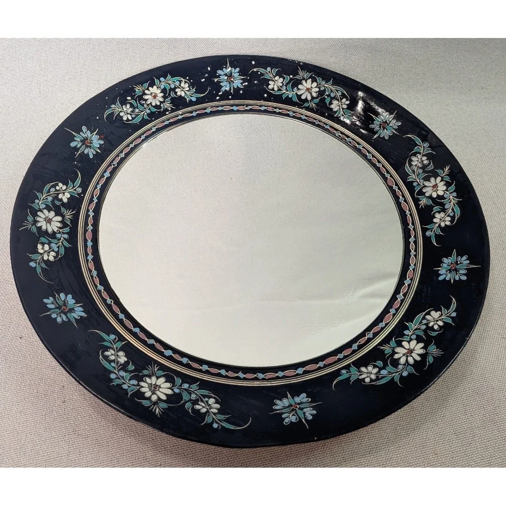 Hand Painted Enamel Floral Copper Wall Mirror 12in Navy Blue Good Boho